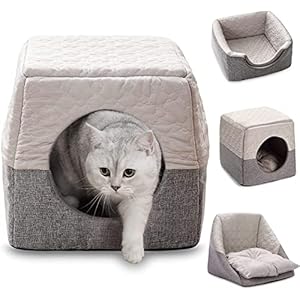 GIOPACO Cat Cosy Cube Lgloo Bed,37x37x35cm 3-in-1 Foldable Cat Dog Soft Sofa Cave Bed,Cool and Warm Tent Cave Microfiber Bed House with Washable Cushion Pillow for Cats Small Dogs Puppy Pets (Grey)