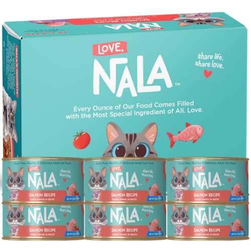 Image of LOVE, NALA - Natural Adult Cat Wet Food - FLAKED Salmon in Broth - Grain Free, Non-GMO, Lean Protein with Omega 3, Added Minerals & Vitamins - 12 Pack, 2.4 lbs.