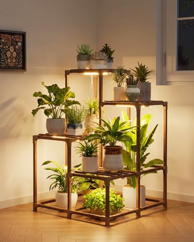 Image of Bamworld 4-Pot Plant Stand with Grow Light Indoor Outdoor Corner Shelf Plant Holder Flower Stand Wood Plant Rack Indoor Multiple Plants Patio Balcony Garden Living room