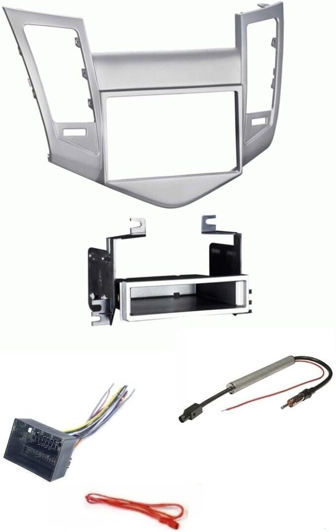 Generic Silver Single or Double Din Car Stereo Kit, Wire Harness, and AM/FM Radio Antenna Adapter Combo -Made for 2011 2012 2013 2014 2015 Chevrolet Cruze -No Bose/No Factory External Amp Vehicles