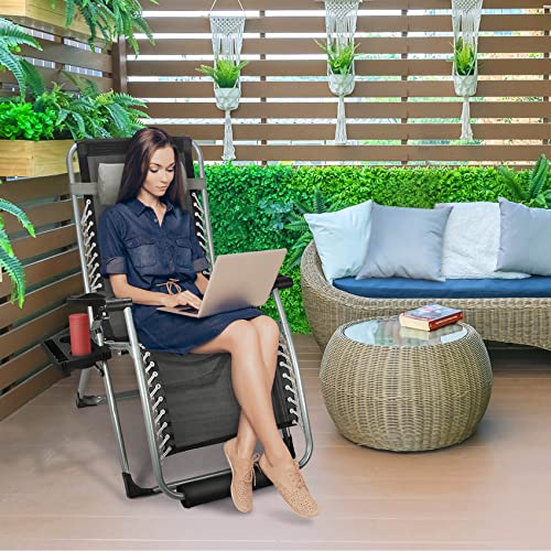 Slendor Zero Gravity Chair 26In,Padded Patio Lounge Chair With Headrest, Upgrade Aluminum Alloy Lock, Cup Holder, Gravity Recliner Chair For Indoor Outdoor,Support 440Lbs, Gray #TOP1