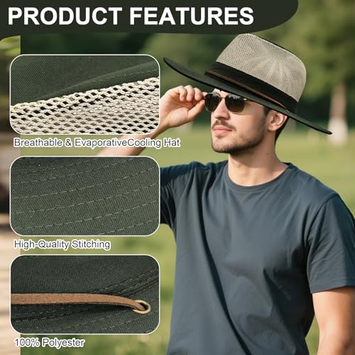 Image of Men's Flat Wide Brim Mesh Safari Outdoor Hat Panama Hat Travel Fishing Hiking with Windproof