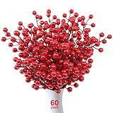 Mklsit 60 Pack Artificial Red Holly Berries, 8.2 Inch Christmas Berry Picks Red Berry Stems for Christmas Tree Decorations DIY Crafts Xmas Wreath Wedding Holiday Season Home Decor