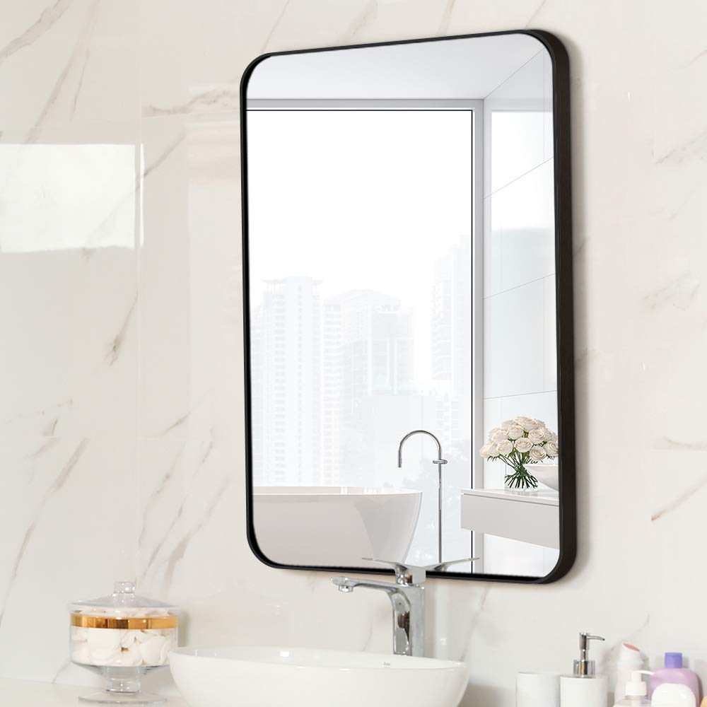 Letushy Aluminium Frame Wall Mirror Rectangle Bathroom Mirror Vanity Mirror Makeup Mirror Round Corner Design 24 36 Black