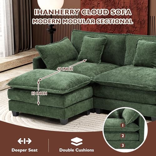 Image of Ihanherry 111.4 inch U Shaped Modern Sofa Modular Sectional Cloud Couch with 2 Ottoman, 5-Seat Chenille Deep Seat Sofa with Pillow for Living Room, Bedroom and Apartment, Green