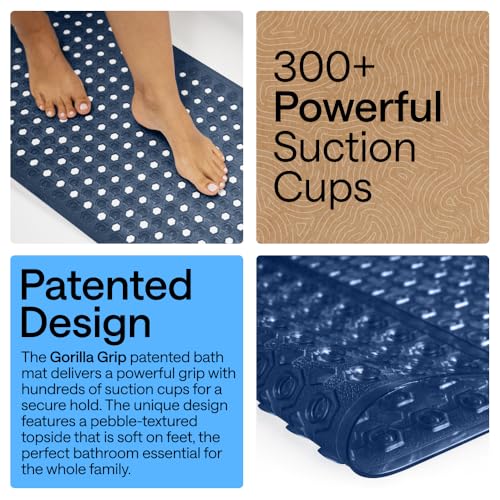 Image of GORILLA GRIP Patented Bath Tub Shower Mat, Machine Washable Bathtub Floor Liner Mats, Suction Cups and Drain Holes to Keep Tubs Clean, Soft on Feet, Bathroom Essentials, 35x16 Inch, Clear Navy
