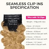 Lashey Dopinki do przedłużania włosów z klipsami, prawdziwe włosy ombre, naturalne czarne do miodowego blondu, falowane, bezszwowe przedłużenie włosów, 110 g, 7 sztuk, ludzkie włosy Remy, 60 cm