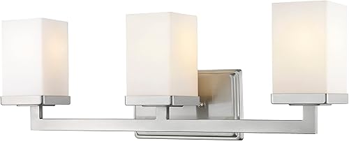 Z-Lite Luz de tocador de tres luces Tidal de 1900-3V, marco de metal, acabado de níquel cepillado y pantalla de ópalo mate de material de vidrio