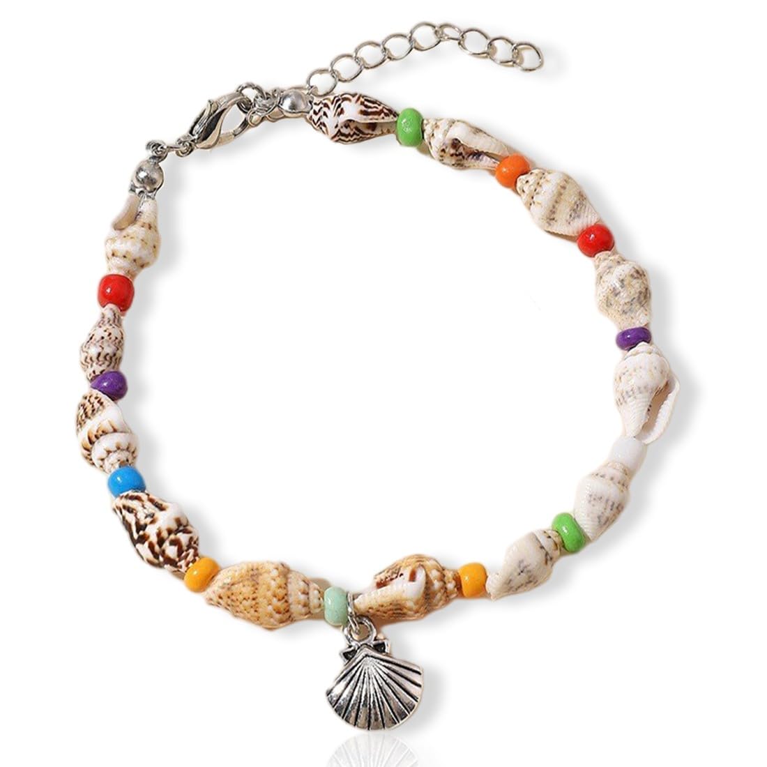 AKJAXQU 1 Piezas Tobillera pulseras ajustable tejida de conchas naturales de mar para Playa y Verano Pulsera de tela con caracoles De Tobillo para Mujer Hecho a mano