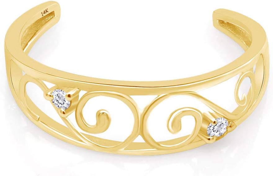 AFFY White Natural Round Diamond Accent 14k Gold Filigree Style Adjustable Toe Ring (I-J Color, I2-I3 Clarity)