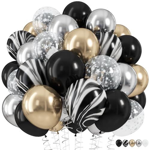 Image of Black Gold Silver Balloon Set, 12 Inch Marble Black and Metallic Chrome Gold Silver with Clear Star Print Grad Latex Balloons for Boy Girls Birthday Party Graduation Retirement Baby Shower Decorations