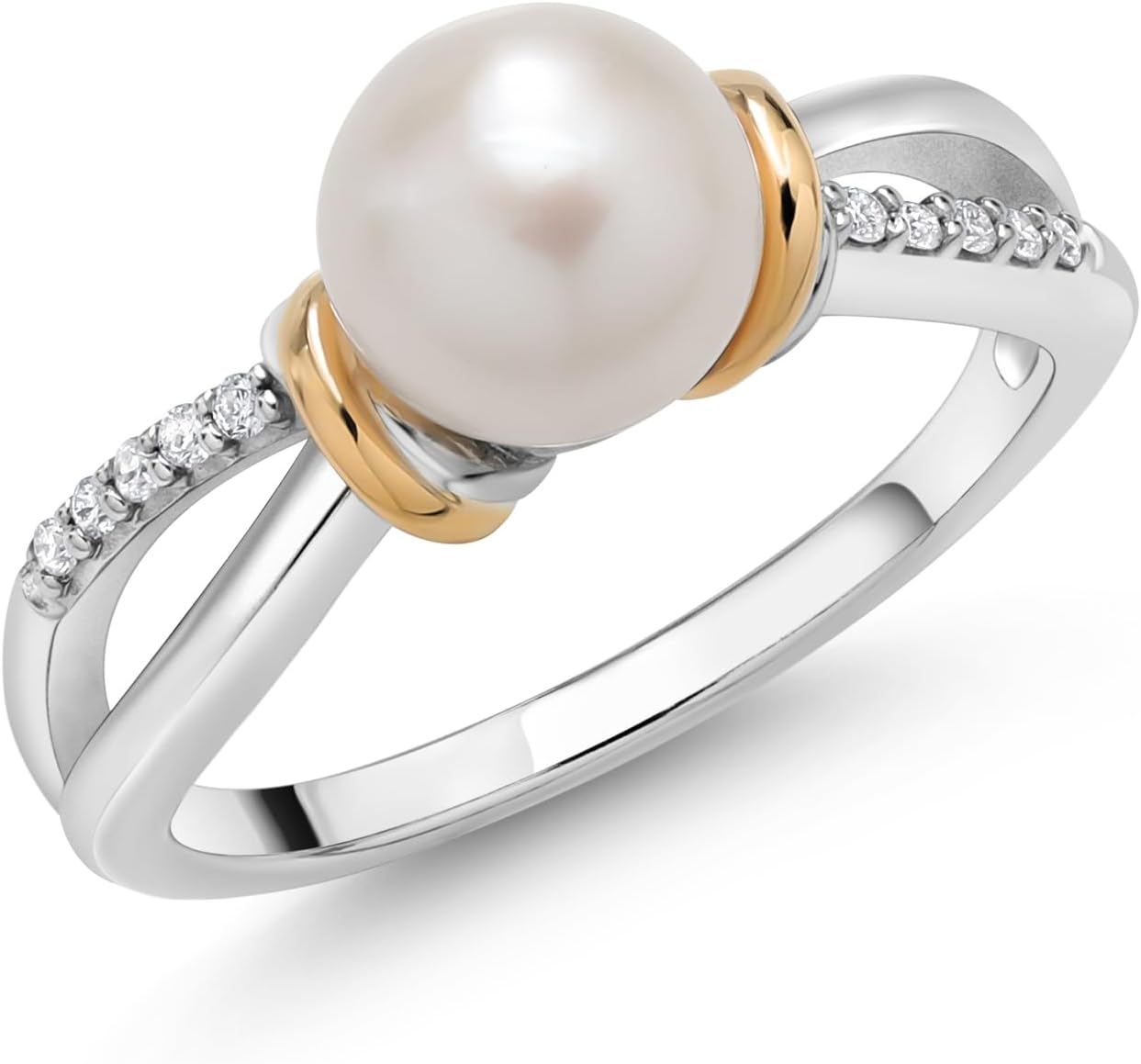 Gem Stone King Cultured Freshwater Pearl and White Lab Grown Diamond Ring for Women | 925 Sterling Silver and 10K Yellow Gold | Round 7-7.5MM Pearl