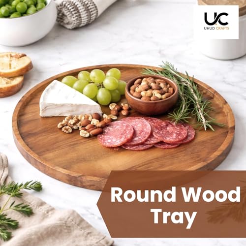 Image of UHUD CRAFTS Premium Wooden Round Serving Tray /Platter | Decorative Tray for Home Decor, Dining Table & Kitchen Decor | Circular Solid Wood Tray for Serving Tea, Coffee or Breakfast