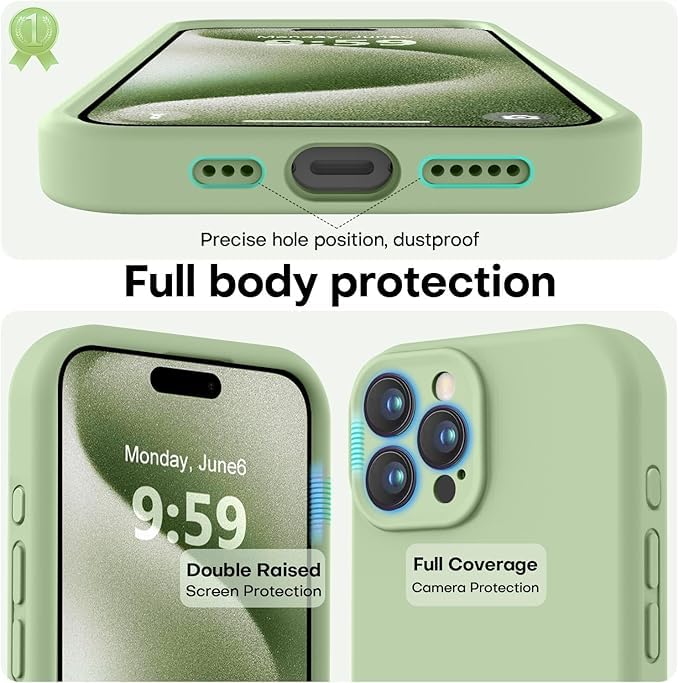 Image of DIZORO Compatible for iPhone 15 PRO Camera Protection Case 6.1, Slim Liquid Silicone Case 3 Layers Full Covered Soft Gel Rubber Phone Case Protective Cover 6.1 Inch - Matcha Green.