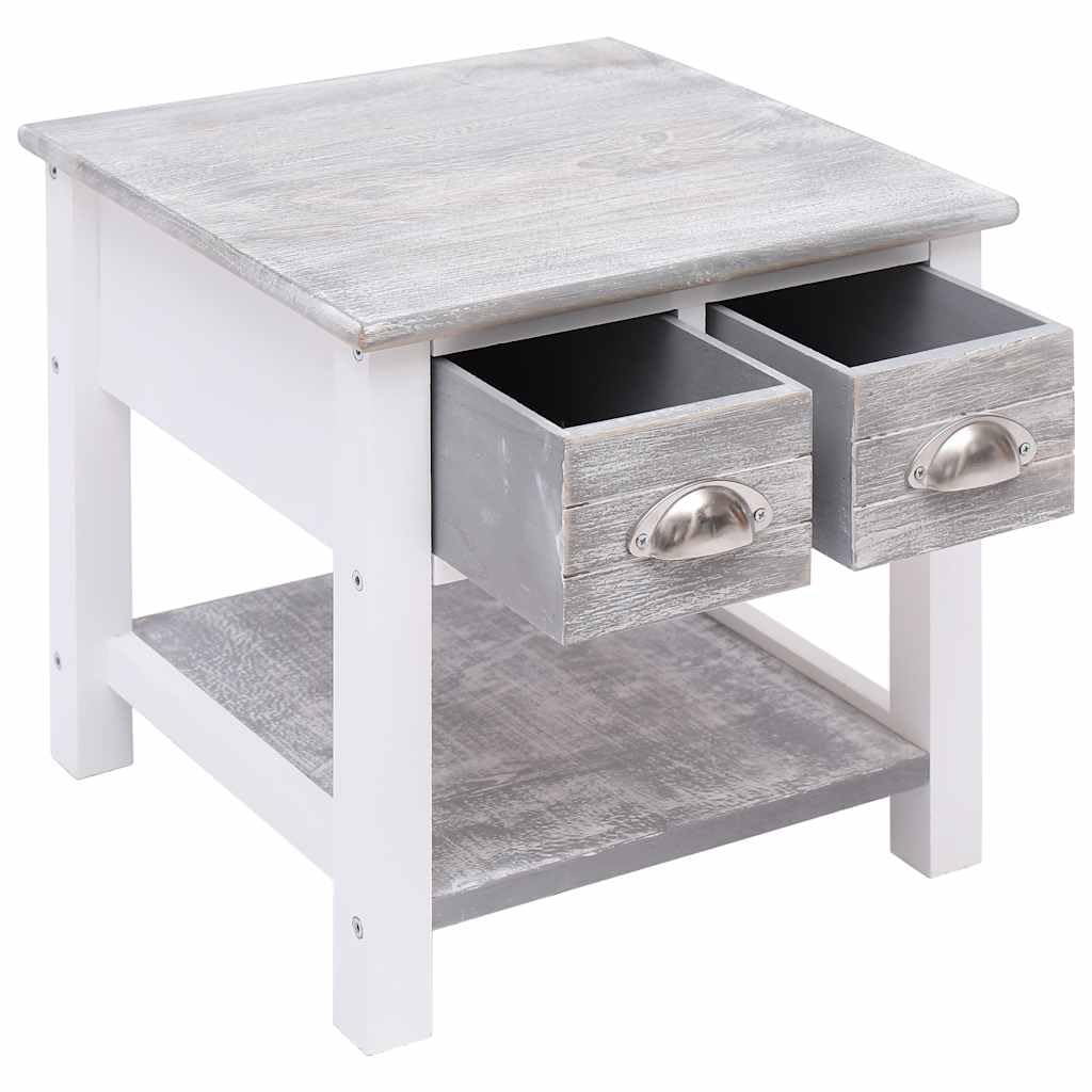 Beistelltisch Grau aus Paulownia Holz 40x40x40 cm mit 2 Schubladen Stauraum für Wohnzimmer Schlafzimmer Flur Ablage für Lampe Buch Getränk Dekoration