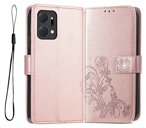 GOKEN Funda para Huawei Honor X7a, Leather Folio Carcasa con Billetera con Magnético, Relieve Dibujo, TPU PU Cuero FILP Case Cover con Soporte/Tapa Tarjetas, OroRosa