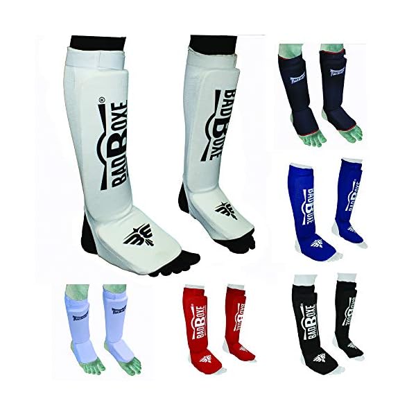 Twister-Muay-Thai-Boxing-KickboxingKarate-Taekwondo-MMA-Elastic-Cloth-Shin-Instep-Padded-Guards-Shin-in-Steps-Shin-Guards-Different-Sizes-Pair BadBoxe Muay Thai, Boxing, Kickboxing,Karate, Taekwondo, MMA Elastic Cloth Shin & Instep Padded Guards, Shin in Steps, Shin Guards, Different Sizes (Pair) (White/Black, S/M)