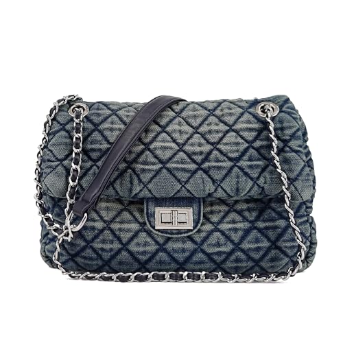 Image of M-ioi-M Small Quilted Denim Purse, Shoulder Bag for Women, Crossbody Flap Tote, Double Silver Chain Strap Trendy Hobo, Vintage Retro Washed Jean Handbag, Casual Everyday (Vintage Blue, Small)
