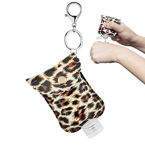 Hand sanitizer holder keychain, Empty Plastic Travel Bottles with Premium Leather Holder, Refillable Bottles Toiletries Containers for Lotion, and Liquids - Kids Men Women Portable Using (F-1PC)