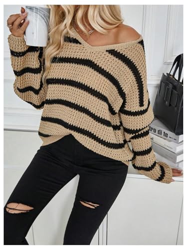 MakeMeChic Women's Striped V Neck Sweater Long Sleeve Drop Shoulder Knit Pullovers4