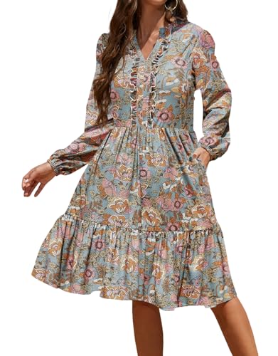 KETAWAK Womens Fall Boho Dresses 2025 Lightweight Long Sleeve Ruffle V Neck Tiered Boho Vacation...