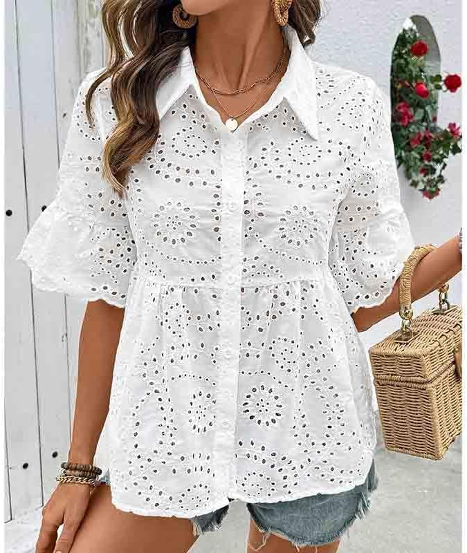 Women's Elegant Hollowed Out Casual Shirt with Simple Lapel and Short Sleeve Shirts for Women - Image 3