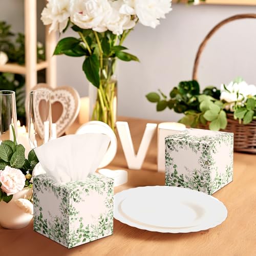Image of Fourluoo 12 Pack Eucalyptus Facial Tissues Cube Boxes, 600 Sheets 3 Ply | Small Square for Bedroom Car Office Desk, Green Eucalyptus Leaf Print, Soft Tissues Bulk for Fall Spring Home Decor Supplies