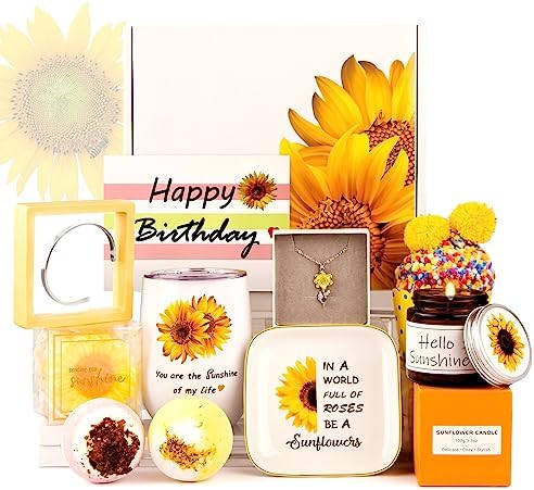 YOU1YI Birthday Gifts for Women, Sunflower Gifts for Wife, Mom, Daughter, Sister, Best Friend, 11pcs Gift Basket with Sunflower Necklace, Candle, Tumbler, Bracelet, Socks, Spa Bath Bombs, Jewelry Tray