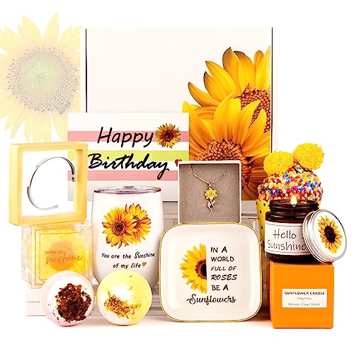 You1Yi Birthday Gifts For Women, Sunflower Gifts For Wife, Mom, Daughter, Sister, Best Friend, 11Pcs Gift Basket With Sunflower Necklace, Candle, Tumbler, Bracelet, Socks, Spa Bath Bombs, Jewelry Tray #TOP22