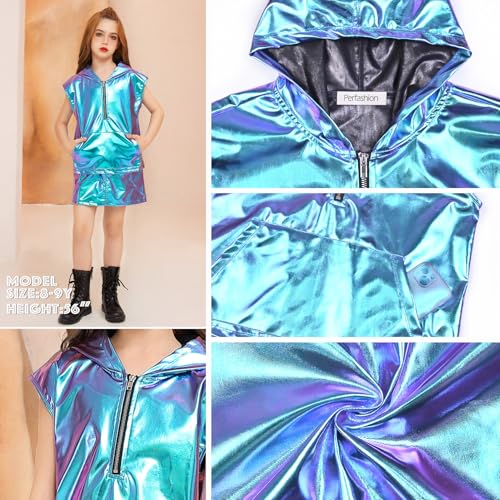 Image of Perfashion Girls Vest Metallic Half Zip Hoodie Sleeveless Leather Disco Jackets with Kangaroo Pocket 4-13Y