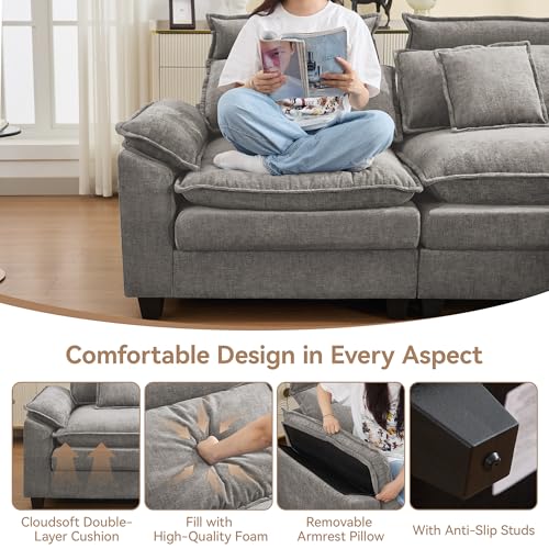 Image of 72'' Cloud Modern Loveseat Couch with Detachable Headrest, Modular Sectional Sofa Couch Deep Love Seat, Oversized 2 Seater Chenille Comfy Sofa with Armrests for Living Room, Light Grey