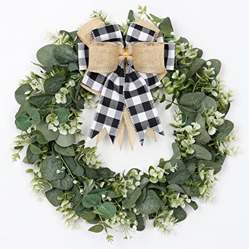 Dremisland 16" 40cm Spring Door Wreath for Front Door Artificial Eucalyptus Wreath Plaid Bow Faux Green Wreath Garland Easter Decor for Indoor Outdoor Window Porch Farmhouse Wall Garden