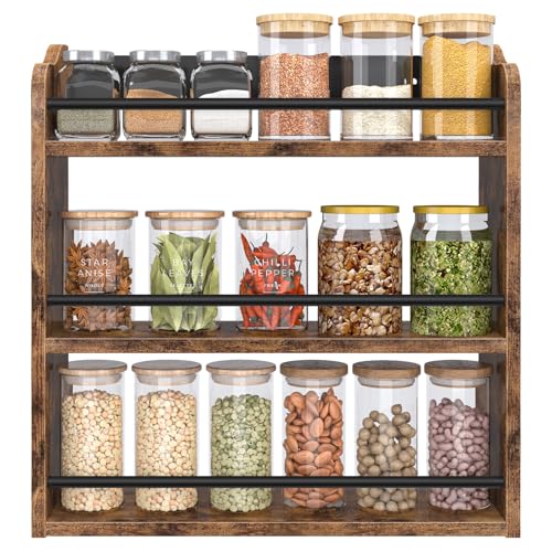 BCOZLUX Spice Rack Wall Mounted, Wood 3 Tier Spice Rack for Countertop, Vertical Spice Organizer for Spice Jars and Seasonings, Hanging Spice Shelf for Kitchen Cabinet, or Pantry, Rustic Brown
