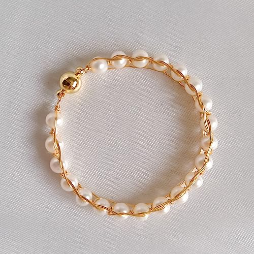 Bracelet jonc acier mémoire perles eau douce et fil plaqué or artisanal