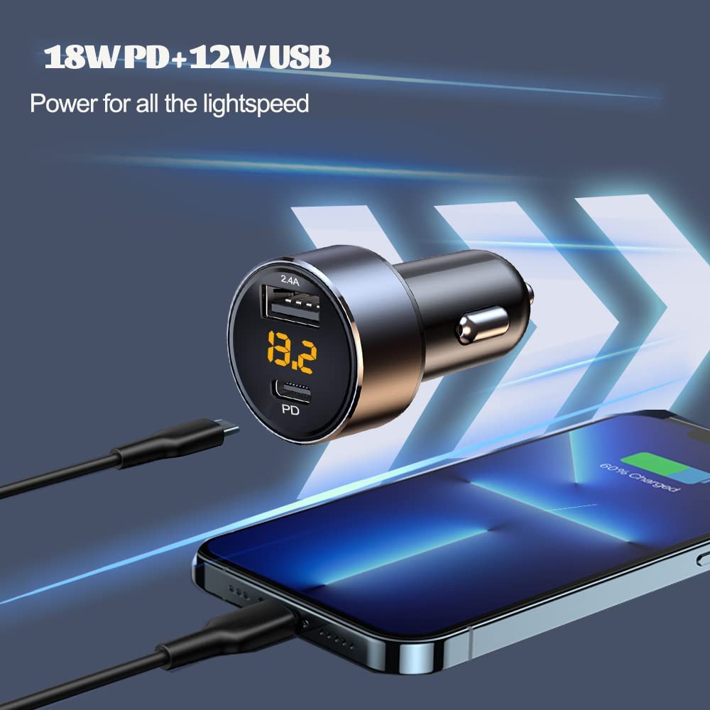 Caricabatteria Auto USB C 30 W, Adattatore Mini 2.4A con Display a LED di Tensione per Caricatore Auto da 12 W e 18 W PD 12V per Tablet Telefono