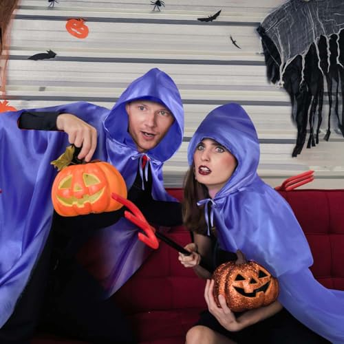 Aomig Schwarzer Umhang Vampir Umhang Jedi Mantel Mittelalter Umhang mit Kapuze für Erwachsene Unisex Scream Kinder Cape Kostüm Halloween Costume Maskerade Familienfeier Karneval Cosplay (Blau-150cm)
