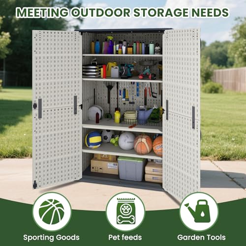 Image of Greesum Outdoor Storage Shed Without Divider, 50 cu.ft Outdoor Waterproof Storage Cabinet for Garden Tools, Garbage Cans, Pool Storage, Beige