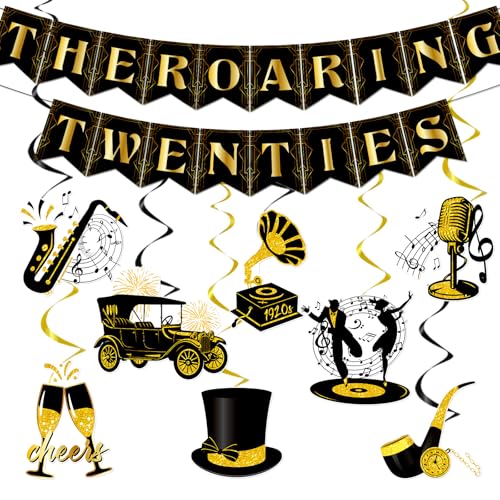 Hokinaa 20s Roaring Party Decorations - 10Pcs Pre-Strung 1920's Vintage Banner Set Black and Gold Retro Jazz Hanging Swirls Ceiling Garland Decor for Speakeasy Birthday Wedding Music Party Supplies