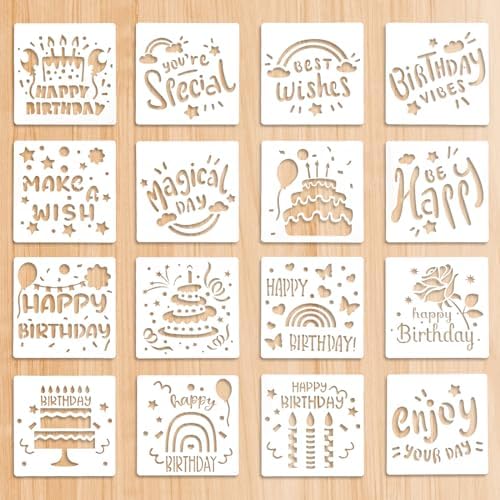Amazon.com : 16 Pieces Happy Birthday Stencil for Cakes, 5.9x5.9 inch ...