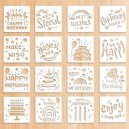Abeillo Happy Birthday-Schablonen zum Basteln, Malen, Holz, Wand, Boden, Leinwand und mehr, wiederverwendbar, PET-Material, 15x15 cm, 16 Stück