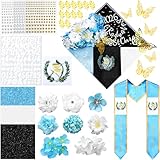 FineCheer 62 Pcs DIY Graduation Cap Decorations Kit Guatemala Graduation Stole Sash Flower Heads 3D Butterfly Glitter Rhinestones Pearl Stickers Alphabet Letter Number for 2026 Grad Party