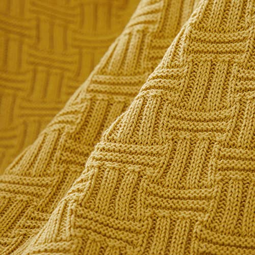 Cotton Mustard Yellow Knit Throw Blanket For Couch Sofa Beach Chair Bed Home Decorative Soft Warm Cozy Cable Lightweight Knitted Blankets,50 X 60 Inch, 2.2 Pounds #TOP6