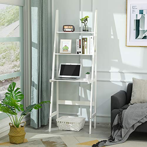 Itaar 3-Tier Ladder Desk, Ladder Stand Shelf Bookcase with Storage Shelves, Study Wall Shelf with Wooden Frame, Modern Ladder Computer Desk and Bookshelf for Home Office, White