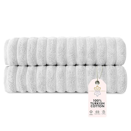 Classic Turkish Towels Luxury Ribbed 2 Piece Bath Towel Set - 100% Turkish Cotton Absorbent, Quick-Dry, Premium Towels for Bathroom, 27x54 inches (Platinum)