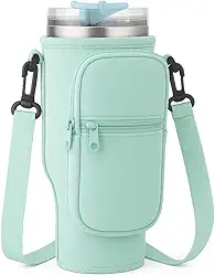 Bolsa Porta Garrafa, Squeeze, Copo Térmico Com Alça Ajustável Shoulder Bag com bolso para celular, de neoprene, com alça ajustável, tampa para canudo e mosquetão (Verde Claro)