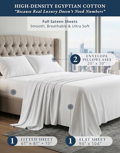 Image of LANE LINEN Full Size Sheets 100% Egyptian Cotton Sateen - White | Full Size Bed Sheets - 4-Piece Set, For Guests And Everyday Use, For A Silky Hotel-Style Bed, Guest-Ready Comfort