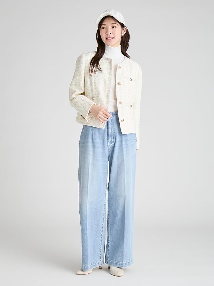 Amazon.co.jp: [セルフォード] ミドル丈ノーカラーツイードジャケット