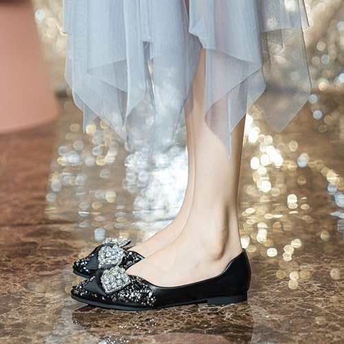 Women's Pointed Toe Rhinestone Bow Flats Comfortable Soft Slip on Low Heel Wedding Dress Shoes Sparkly Ballet Flats 5