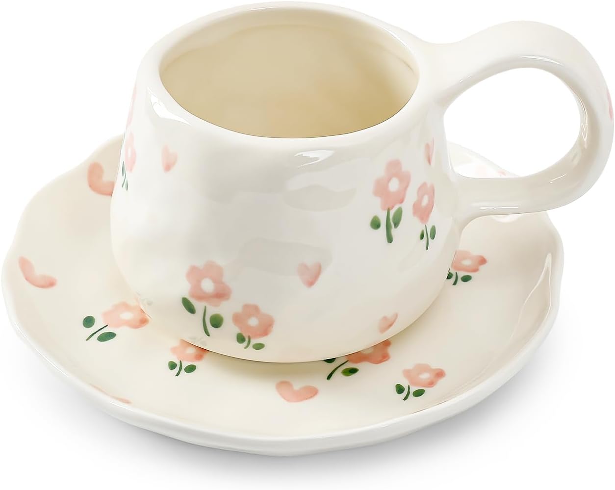 Koythin Ceramic Coffee Mugs Set with Saucer, 250ml / 8oz Cute Floral Coffee Mug Irregular Latte Art Cup, Coquette Cups for Cappuccino, Cocoa (Double Flowers)