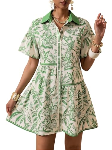 Image of SOLY HUX Women's Floral Button Down Shirt Dress Collared Short Sleeve Ruffle Babydoll Summer Boho Vacation Short Dresses